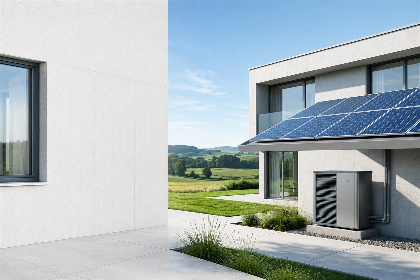 Gebäude mit Photovoltaikanlage und Luft-Wärmepumpe