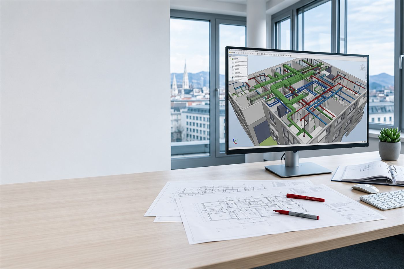 Arbeitsplatz mit BIM-Modell der Haustechnik am Bildschirm und Grundrissplänen
